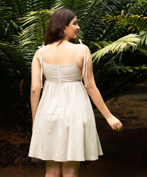 Beige Mini Empire Line Linen Dress
